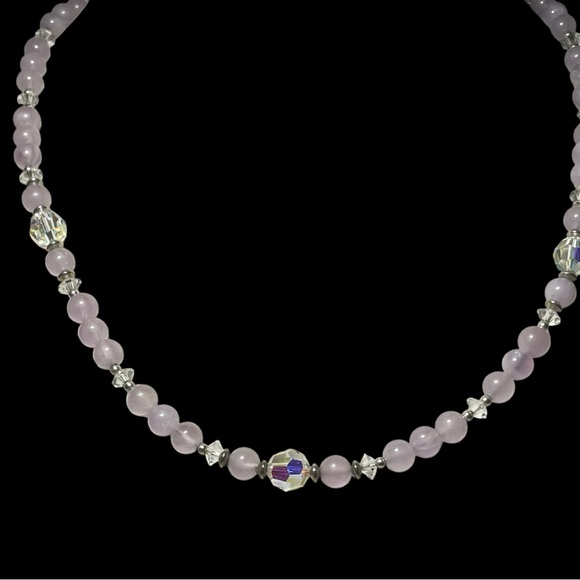 Rose Quartz and Faceted AB Crystal Necklace w/Sterling Fishhook Clasp - Picture 2 of 6